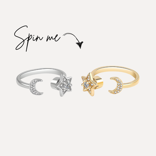 Silver and Gold Celestial Fidget Spinner Ring – Star and Moon Anxiety Relief